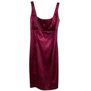Red Wine colored, shimmery knee-length sleeveless cocktail party dress.
